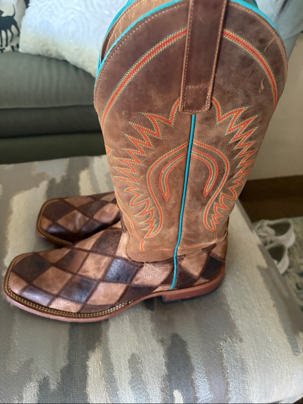 Men's Brown Leather Cowboy Boots with Turquoise Accents